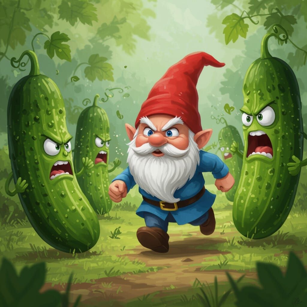 Gnome Running from Vengeful Cucumbers
