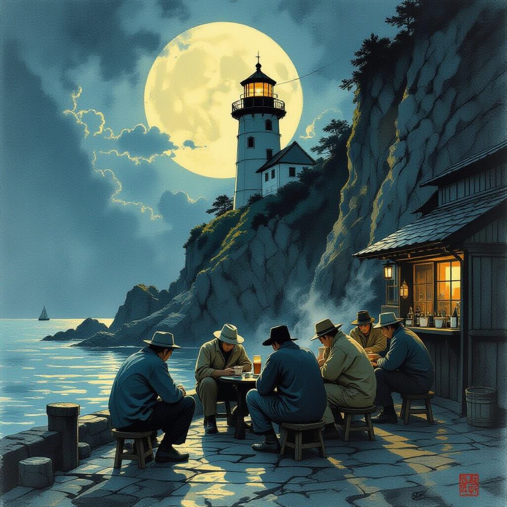 Fishermen's Melancholy: Ukiyo-e Pub Scene Under Moonlight