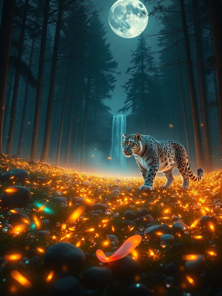 Moonlit Snow Leopards in a Rainbow-Hued Forest
