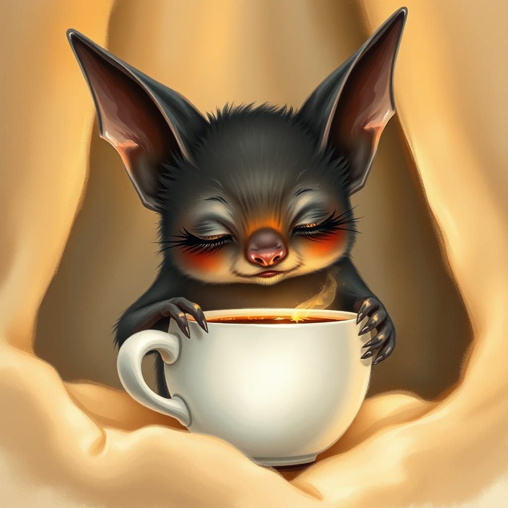 Adorable Bat Sips Coffee in Cozy Golden Light