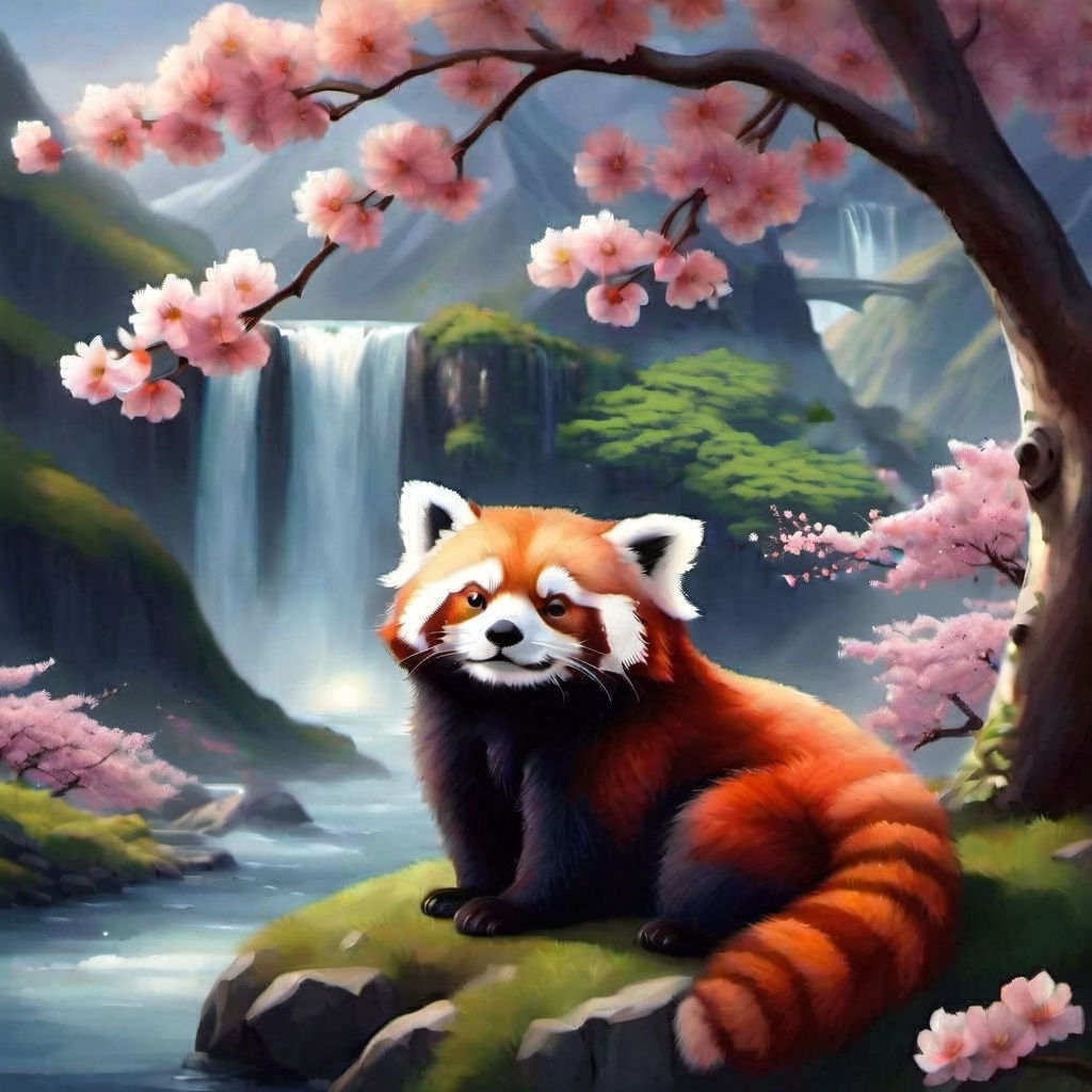 Red Panda in Serene Cherry Blossom Paradise