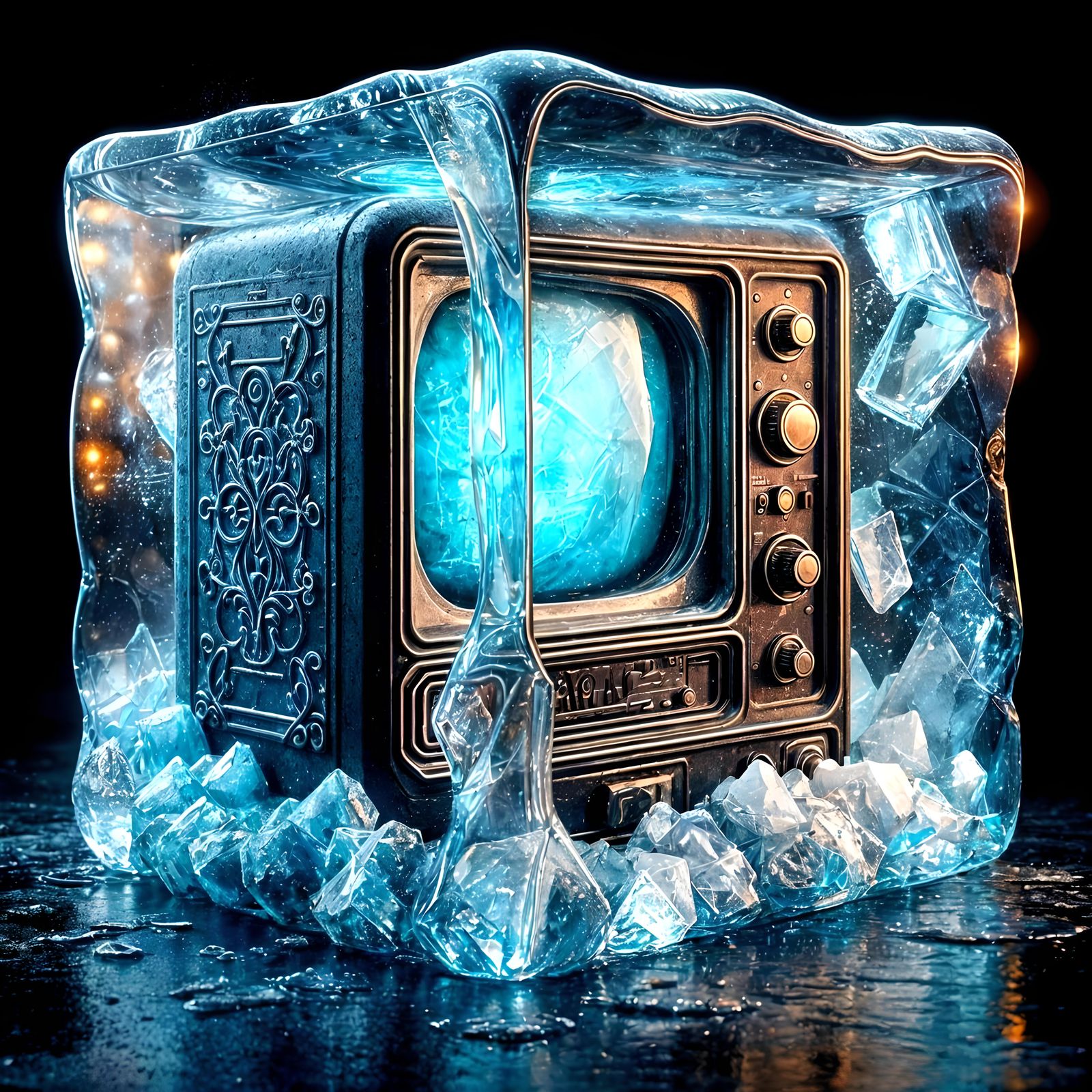 Antique Television Frozen in Ice Cube, Fantasy Art
