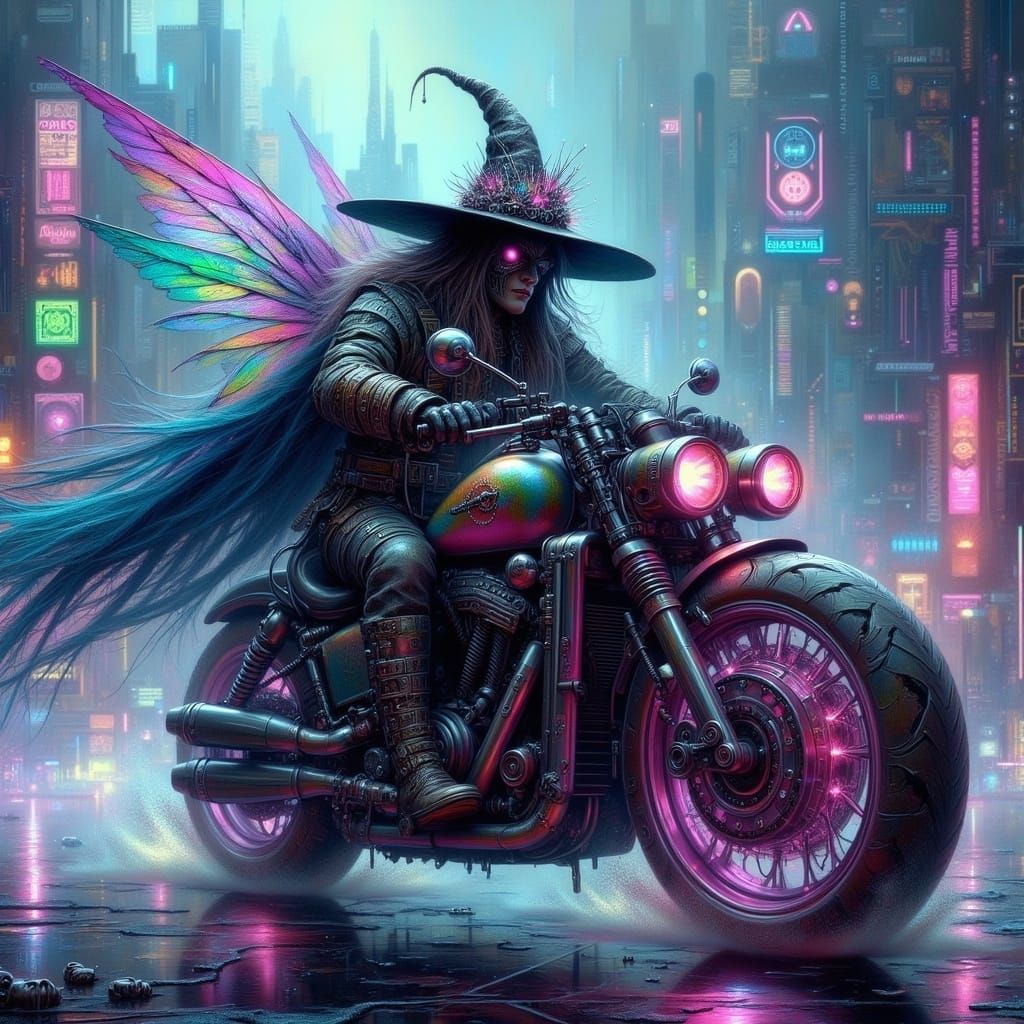 Wizard on Cyberpunk Motorcycle in Futuristic Cityscape
