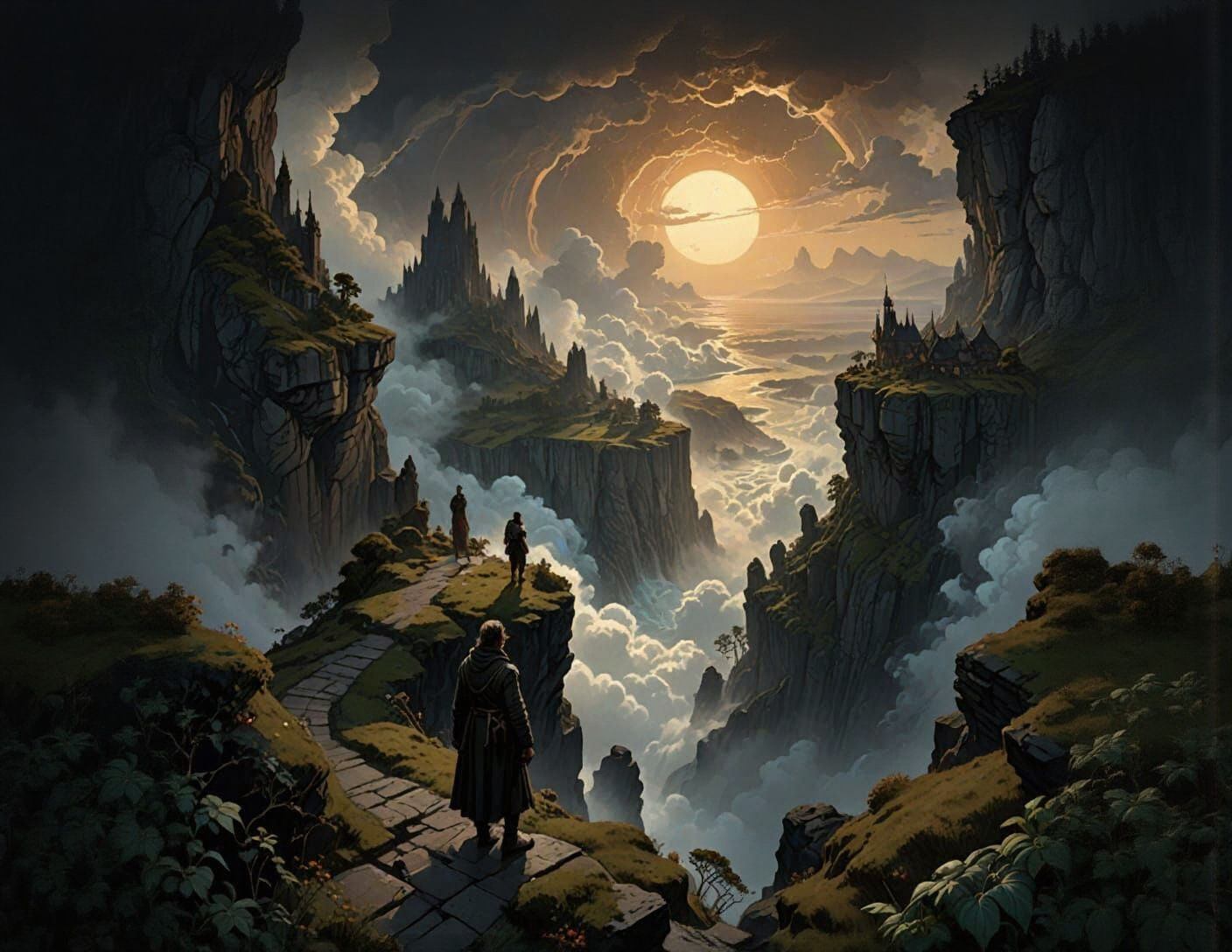 Figure on High Cliff Overlooking Cloud Vortex in Dark Fantas...