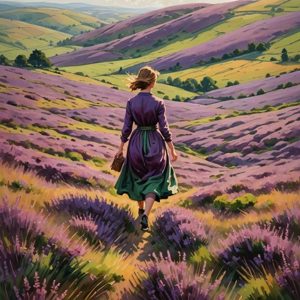 Impressionist Woman in Heather Field Landscape