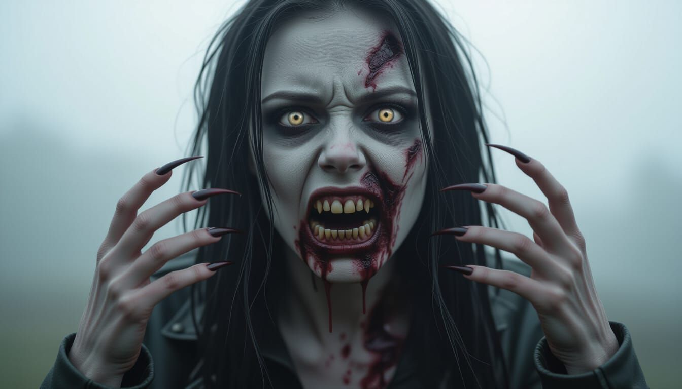 Photorealistic Zombie Woman with White Skin and Sharp Talons