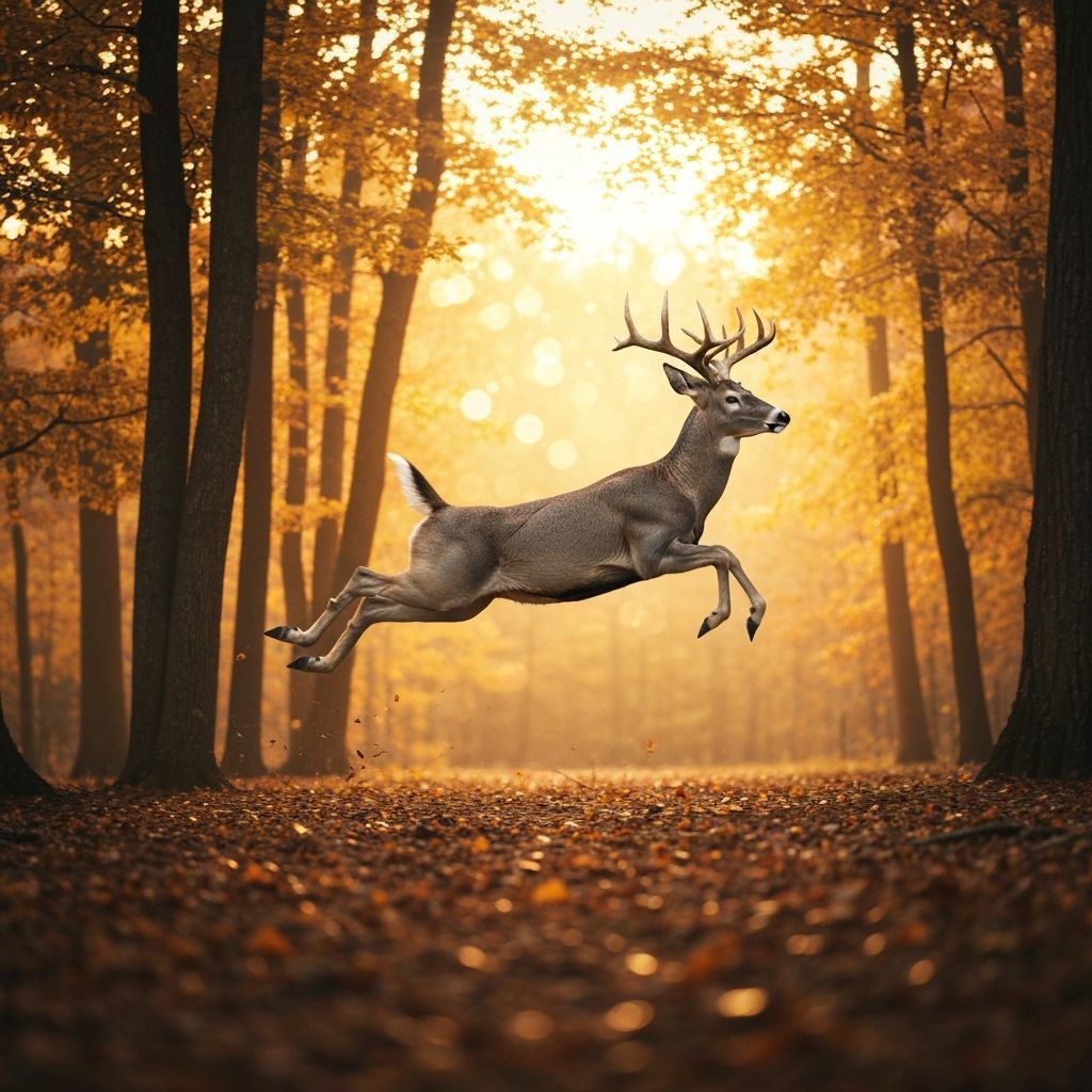 Deer Leaping Through Autumn Forest at Sunset