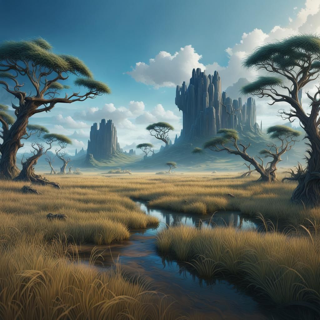 Blue Grassland Savannah in Detailed Matte Painting