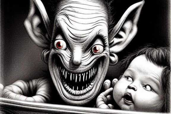 Evil Monster in Bassinet: Photorealistic Art