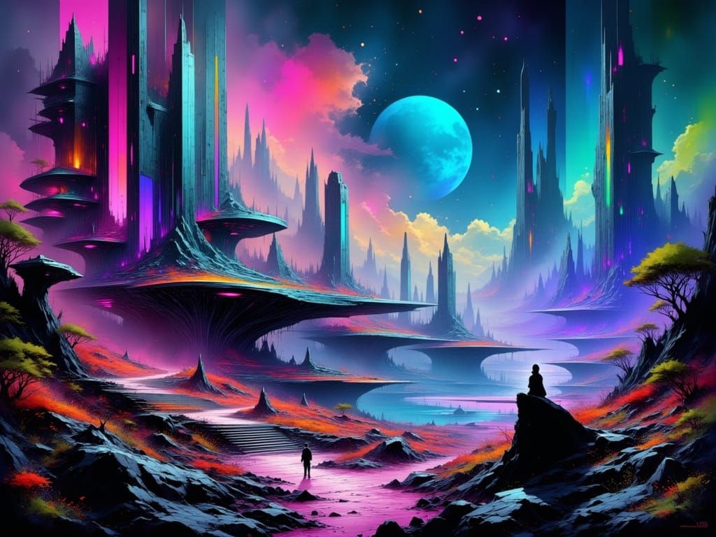 Exoplanet Metropolis with Alien Flora in Matte Painting Styl...