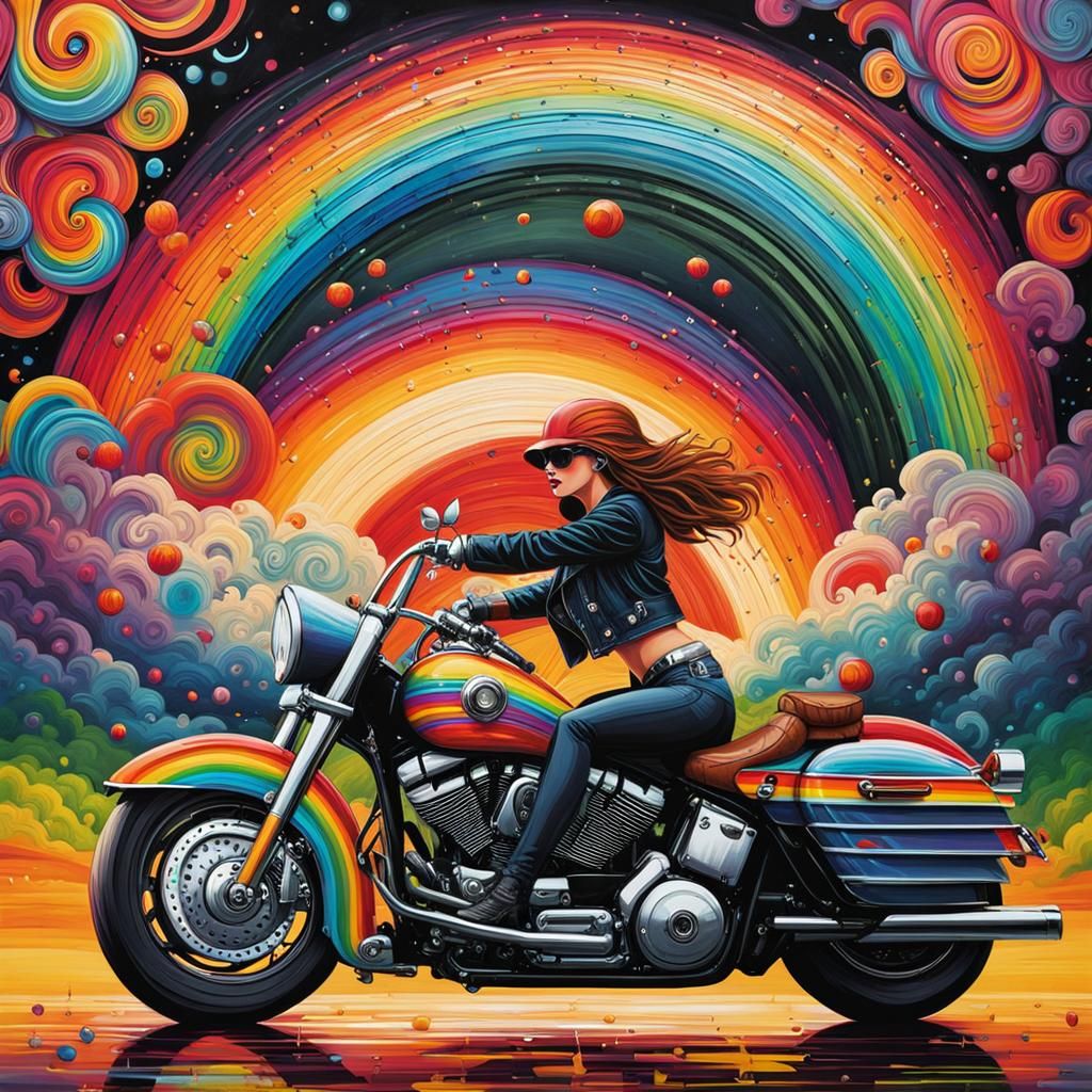 beautiful rainbow women riding harley motorcycle through the country side in a storm