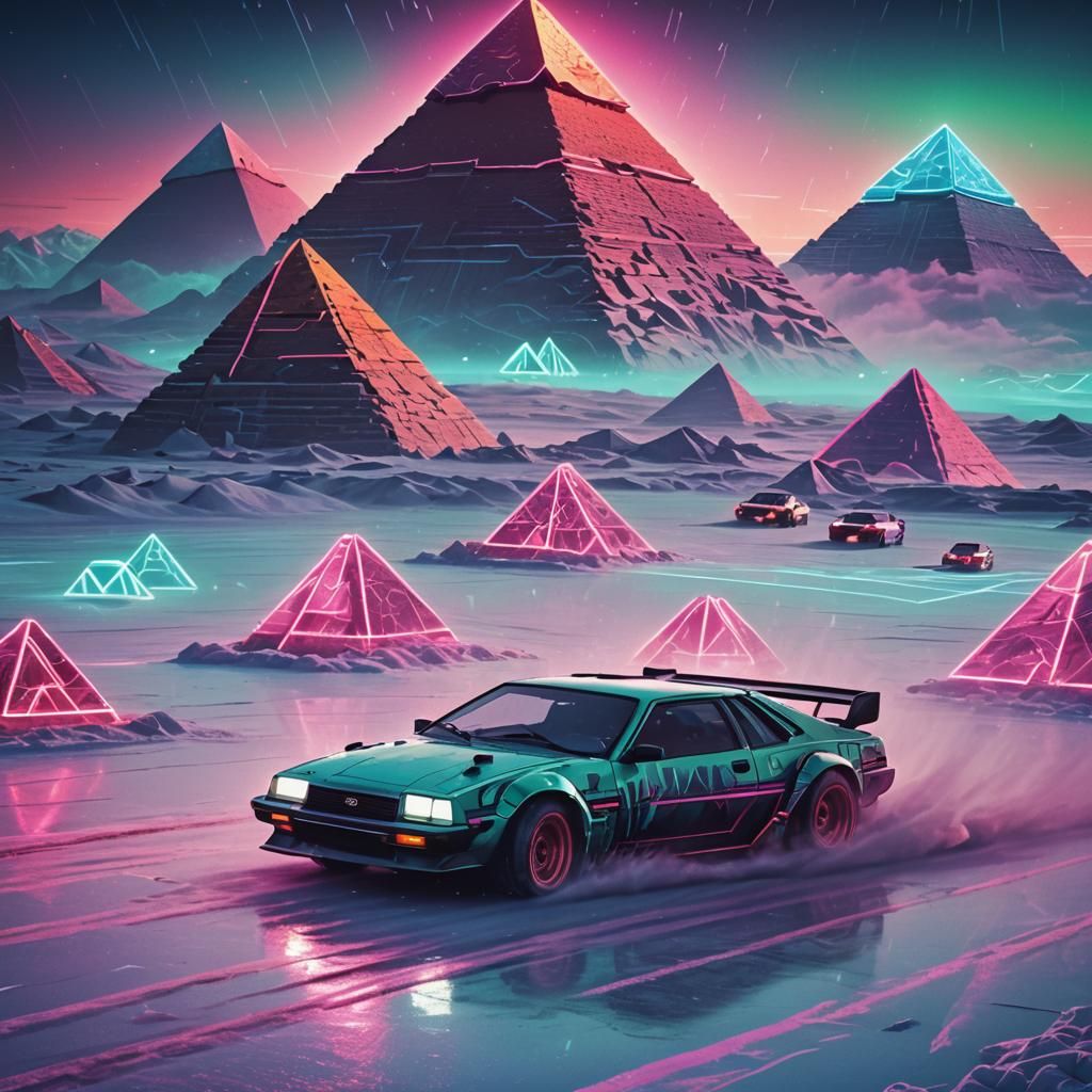 Neon Racing Cars Jumping Pyramids on Frozen Lake