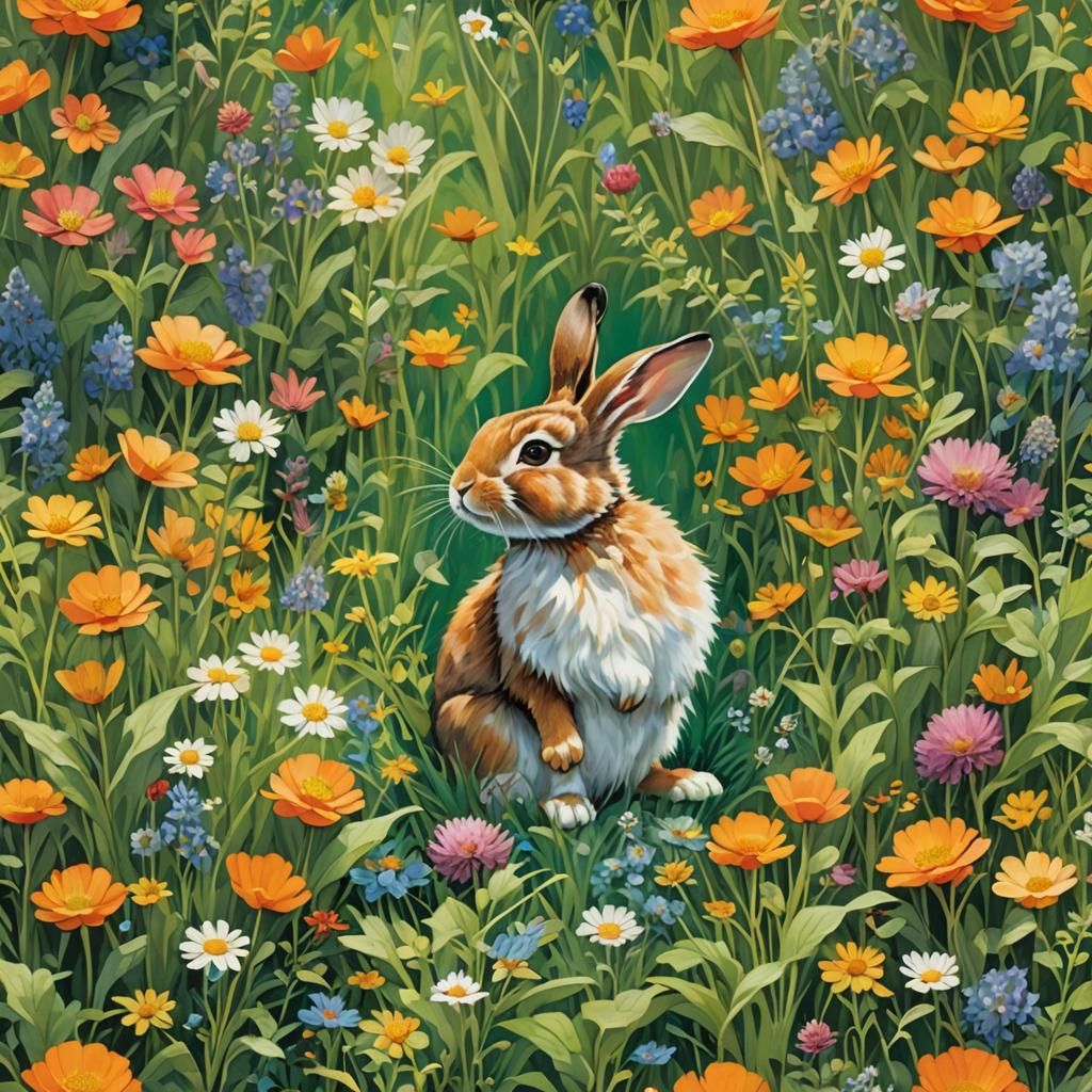 Rabbit in Meadow: Whimsical Fantasy Art