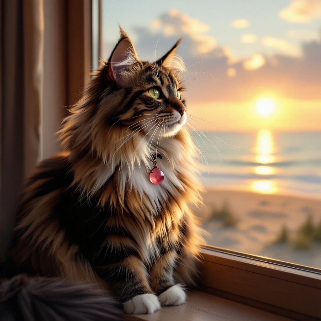 Long-Haired Cat with Rose Quartz Collar Enjoys Morning Sun