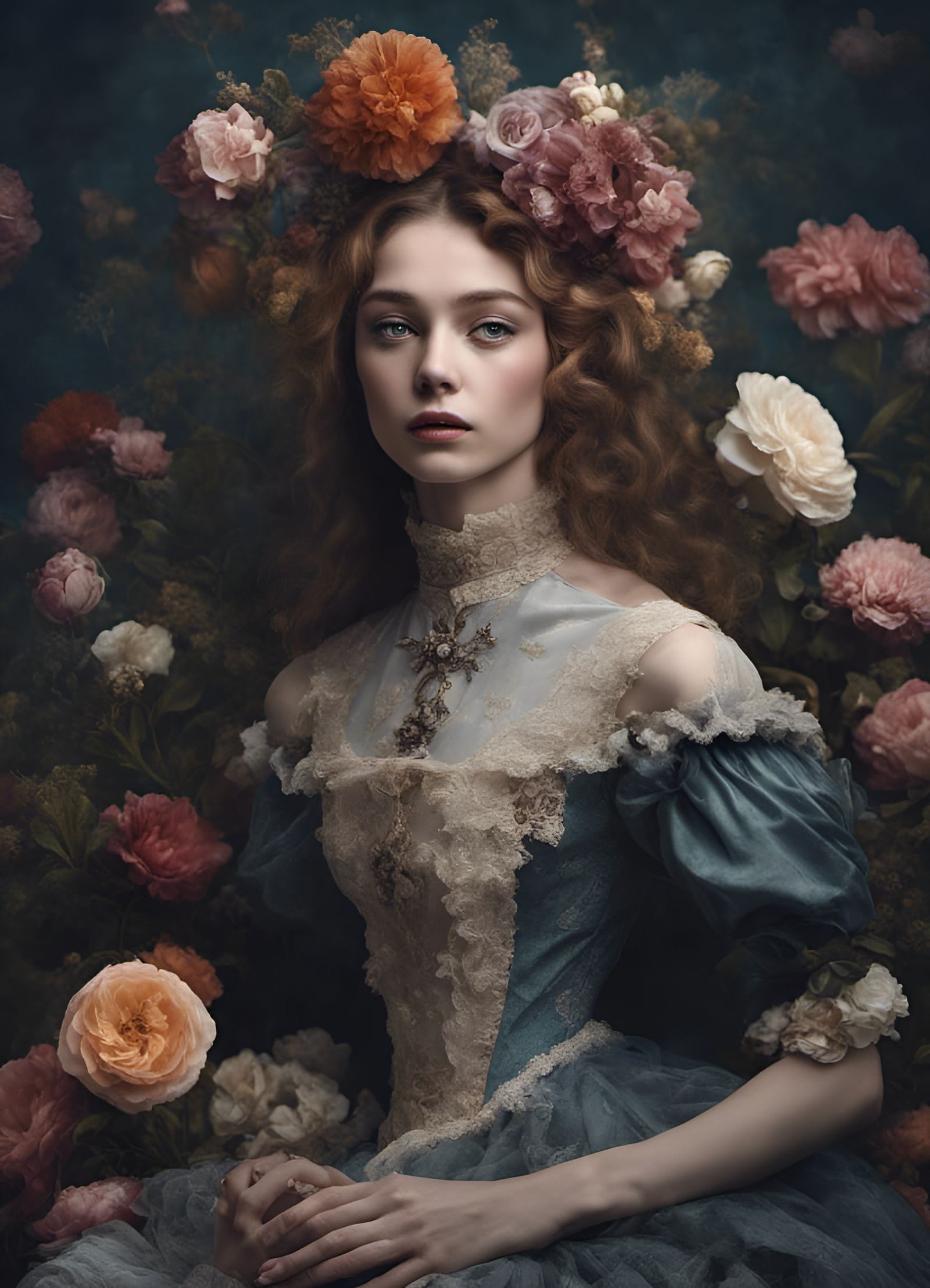 Victorian Era Fashion Model with Flowers in 8k