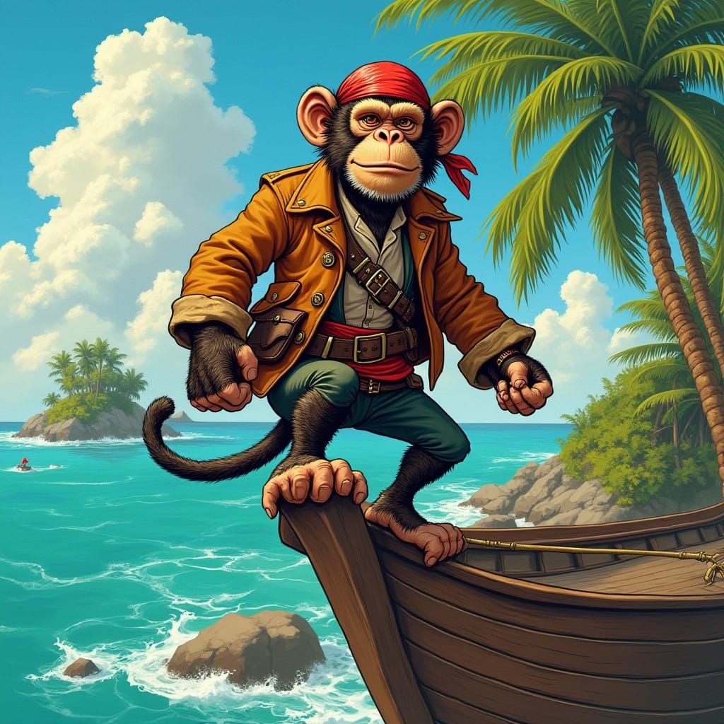 Monkey Pirate Captain Sails Tropical Seas