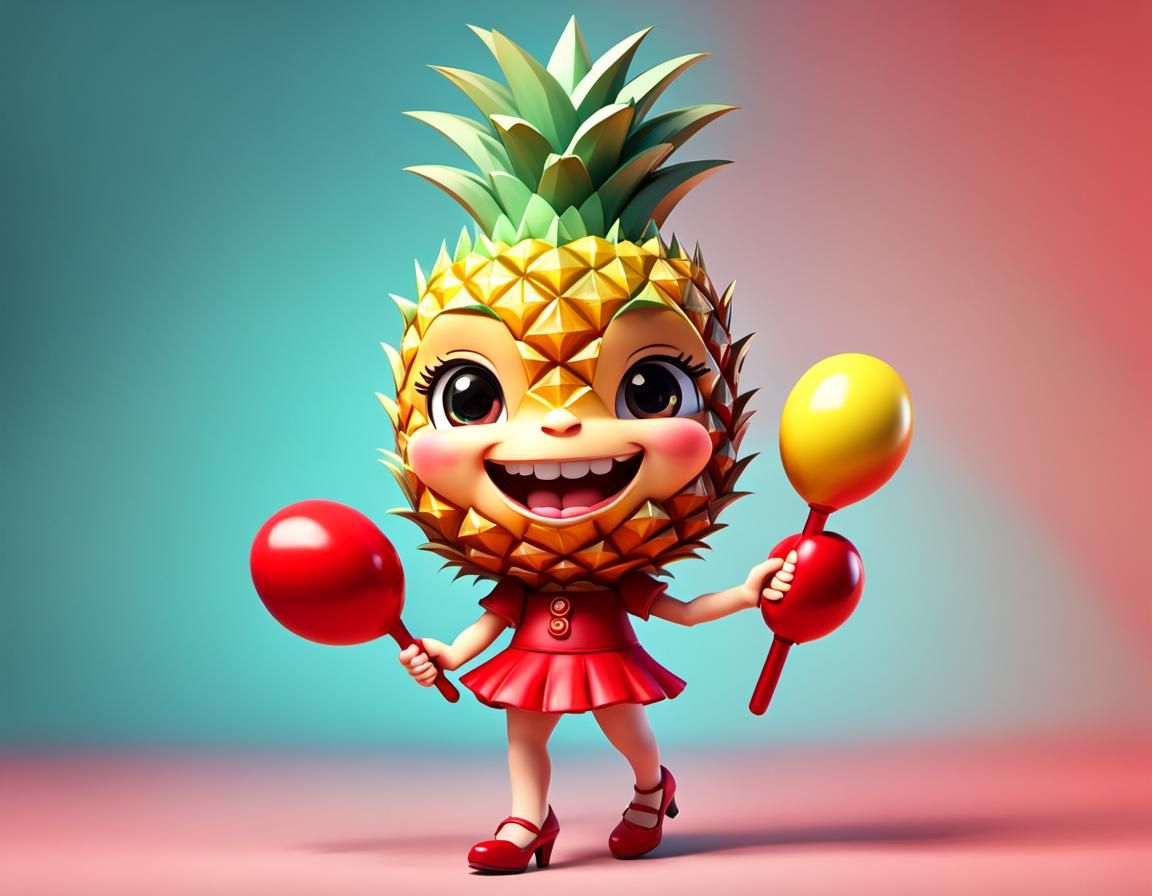 Cute Pineapple Chibi in Red Dress, 3D Art