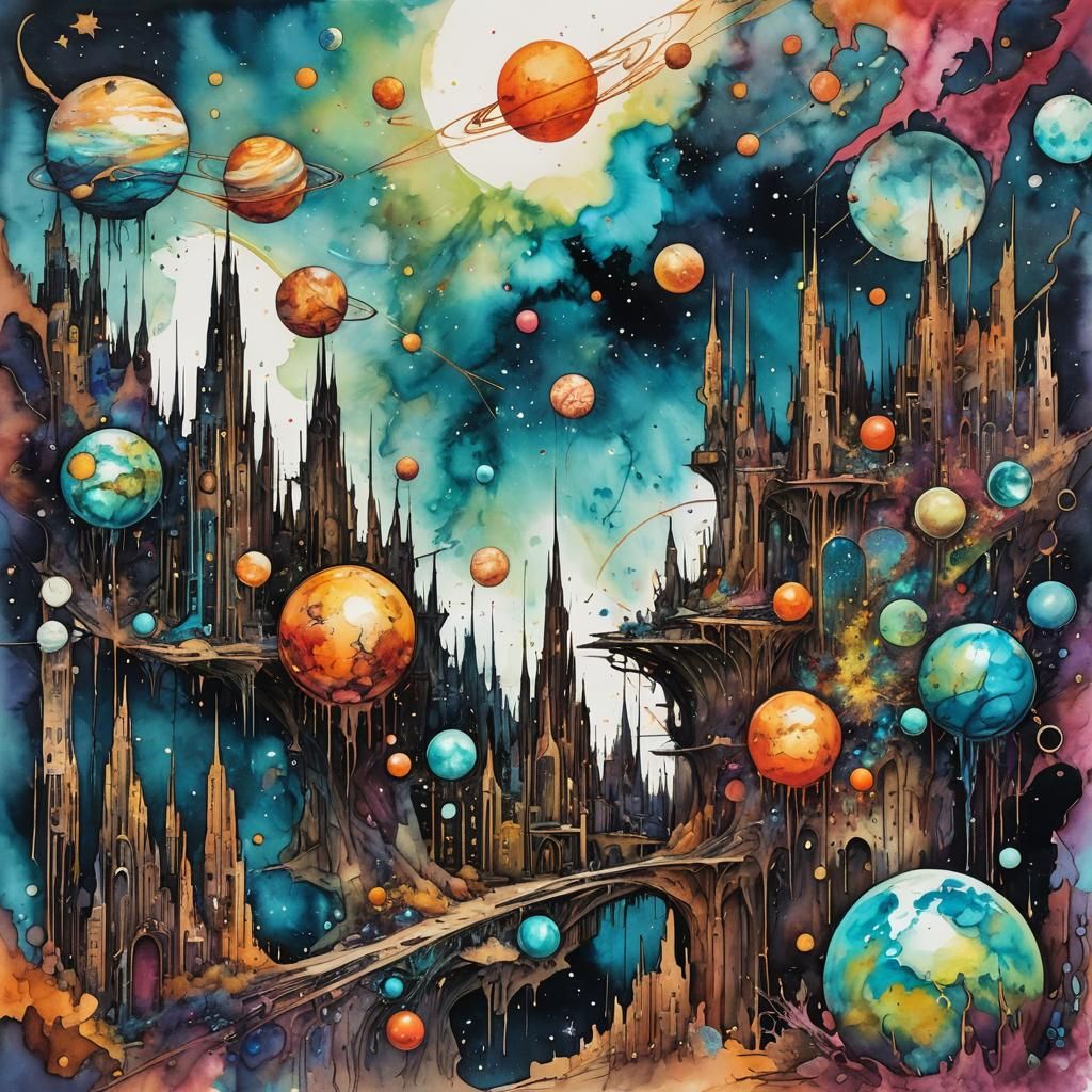 Futuristic City with Planets in Alcohol Ink Style