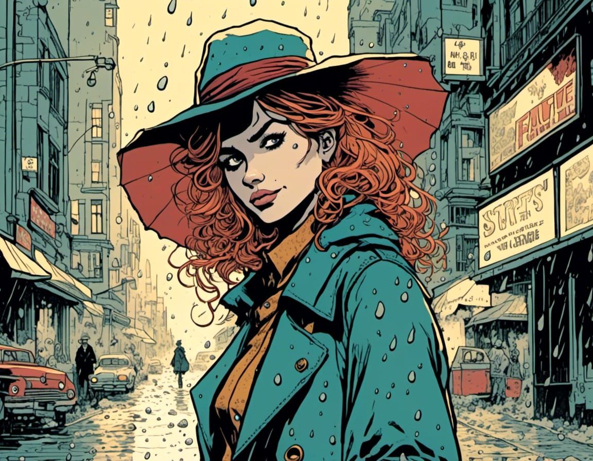 Femme Fatale in Rainy Comic Book Scene