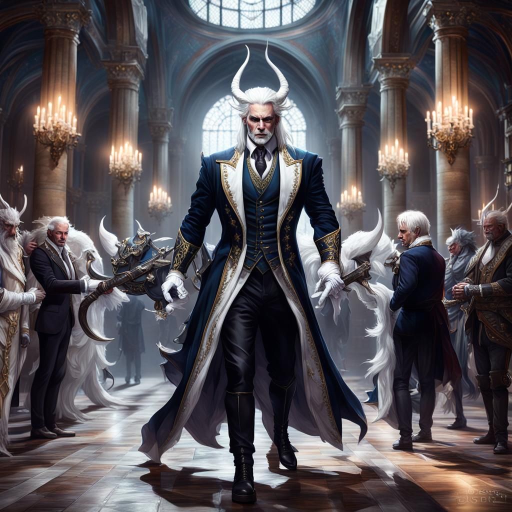 Demonic Aristocrat Mage in Ornate Hall, Detailed Fantasy Art