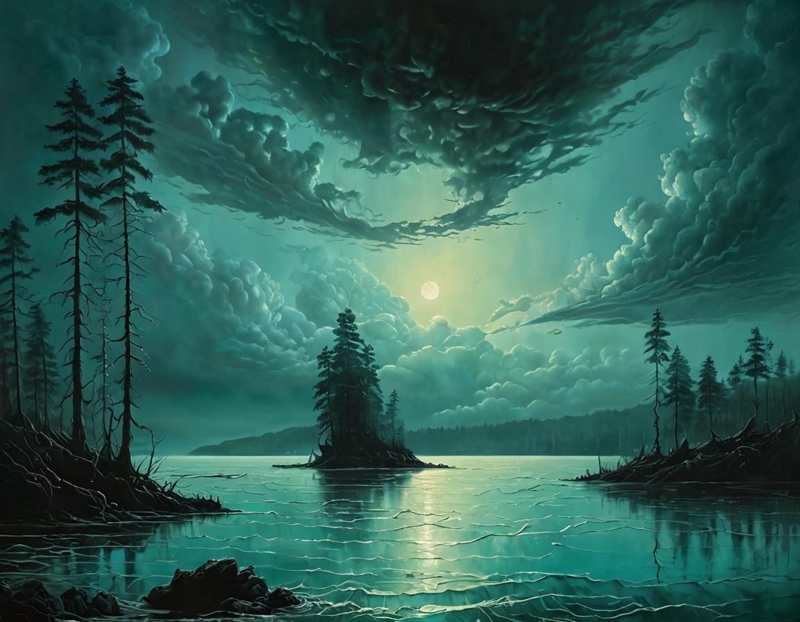 Stormy Seascape with Emerald Forest, Oil Painting