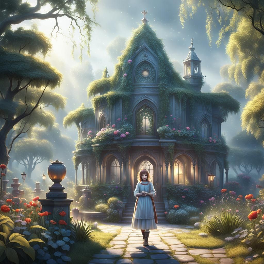 Sad Girl in Misty Garden: Fantasy Concept Art