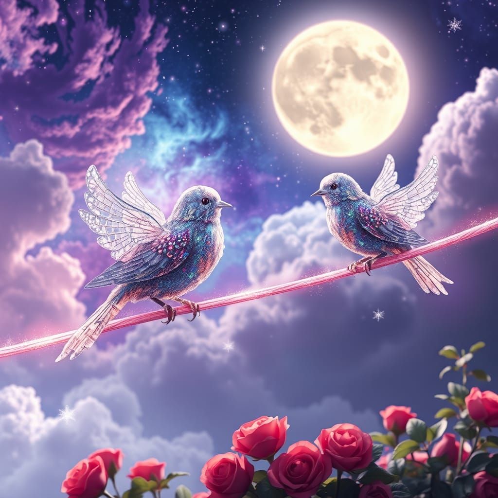 Crystal Birds in Galaxy Sky: Anime-Style 3D Art