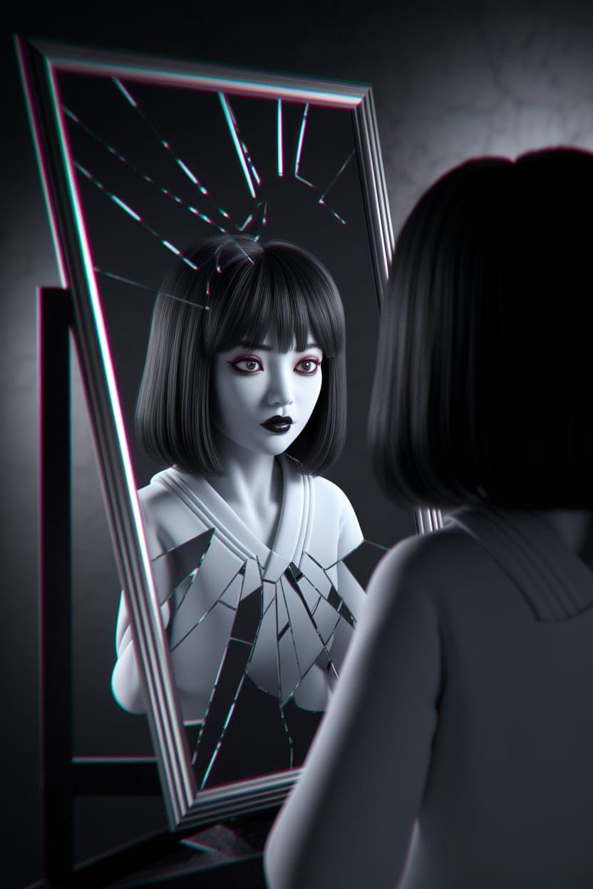 Ethereal Japanese Woman Gazes into Shattered Mirror