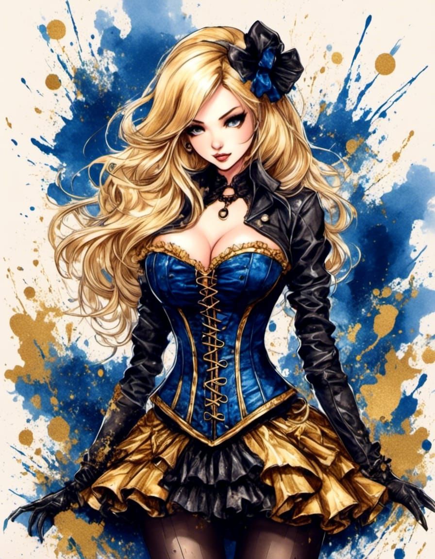 Anime Corset in Blue and Gold Ink Splatter