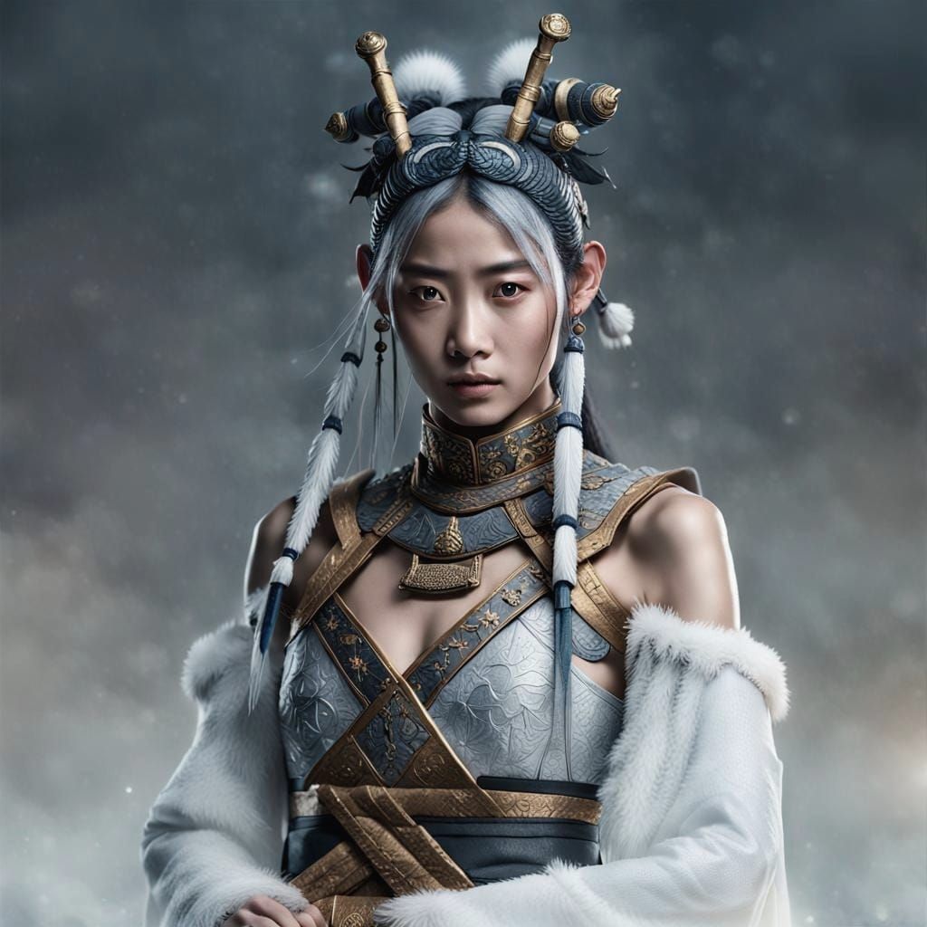Hyperrealistic Asian Warrior in Snowy Mountain Landscape