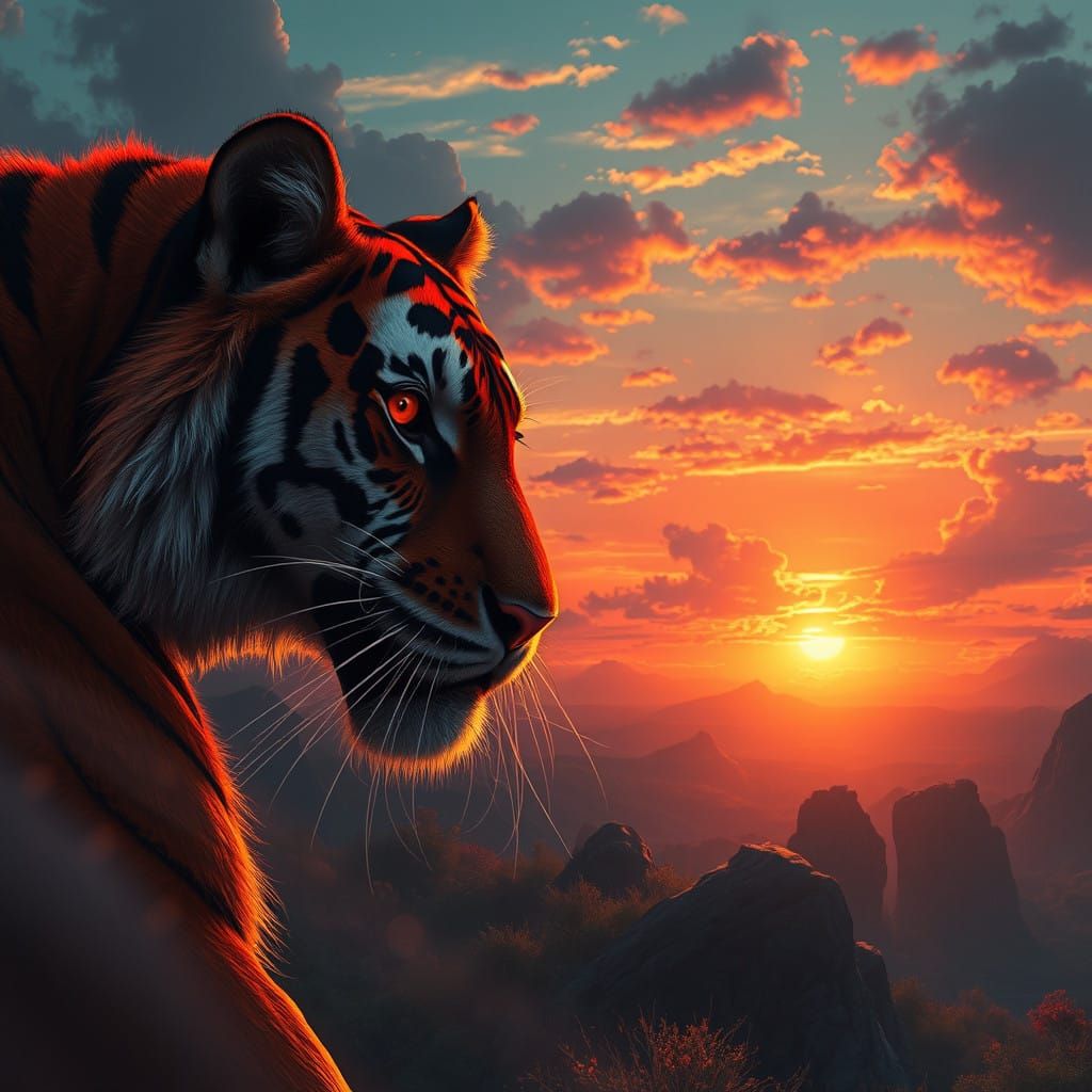 Majestic Red Tiger Gazing at Sunset in Fantastical Landscape