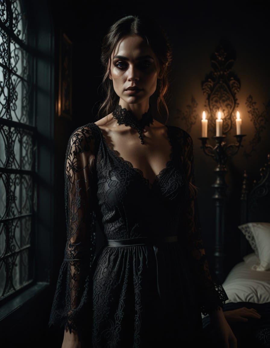 Gothic Portrait of Woman in Lace Nightwear