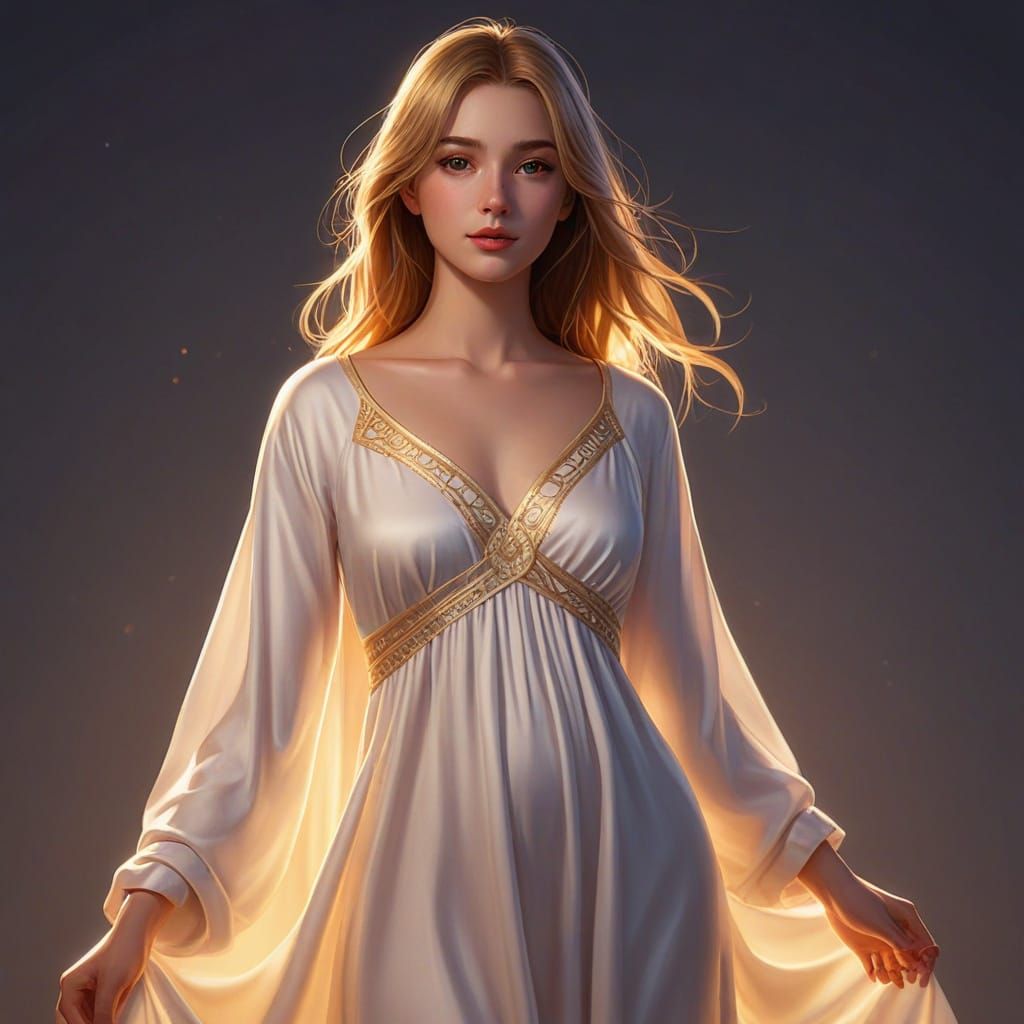 Anime Style Girl in Nightgown with Glowing Symbols