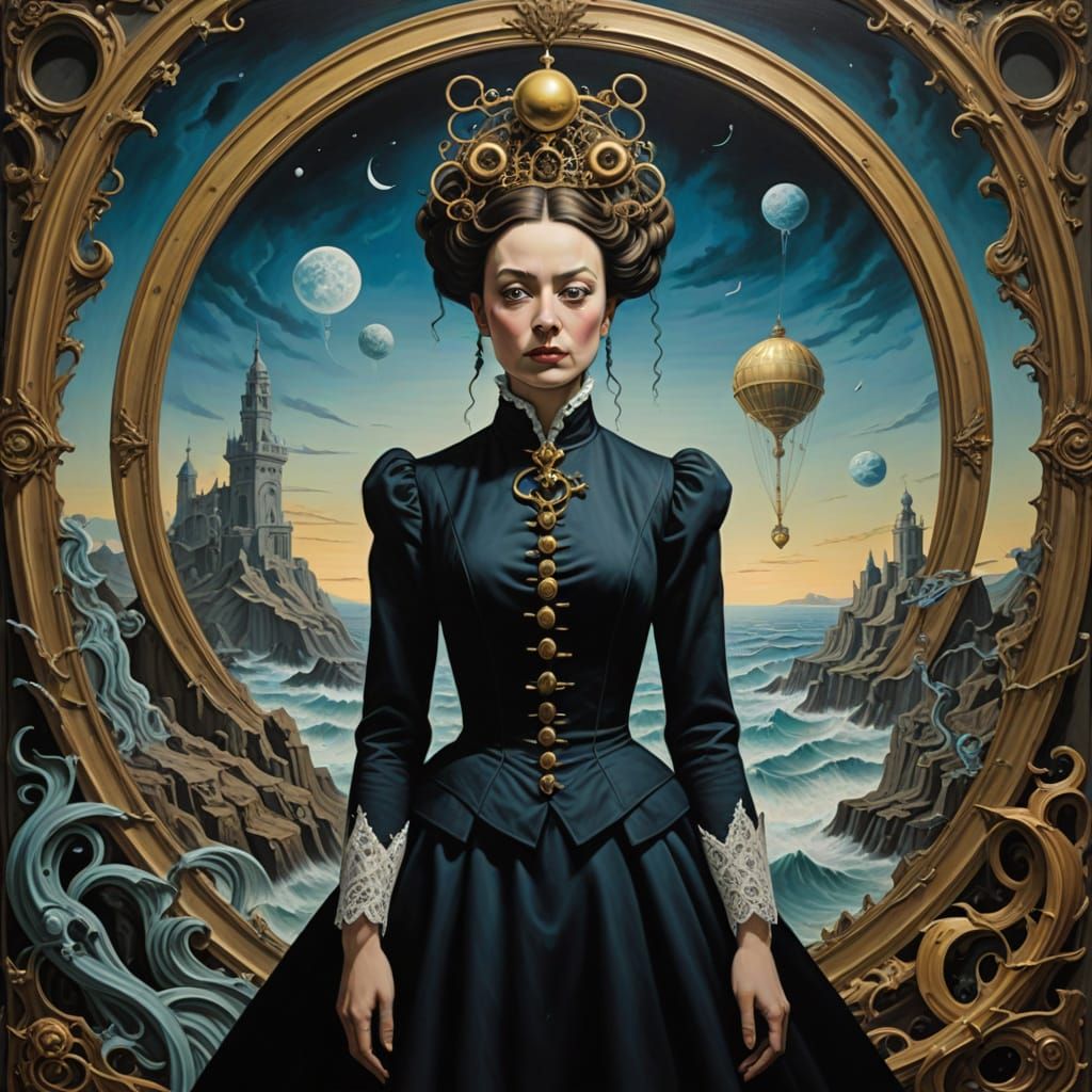 Surrealist Goddess in Victorian Attire Stands in Dreamlike C...