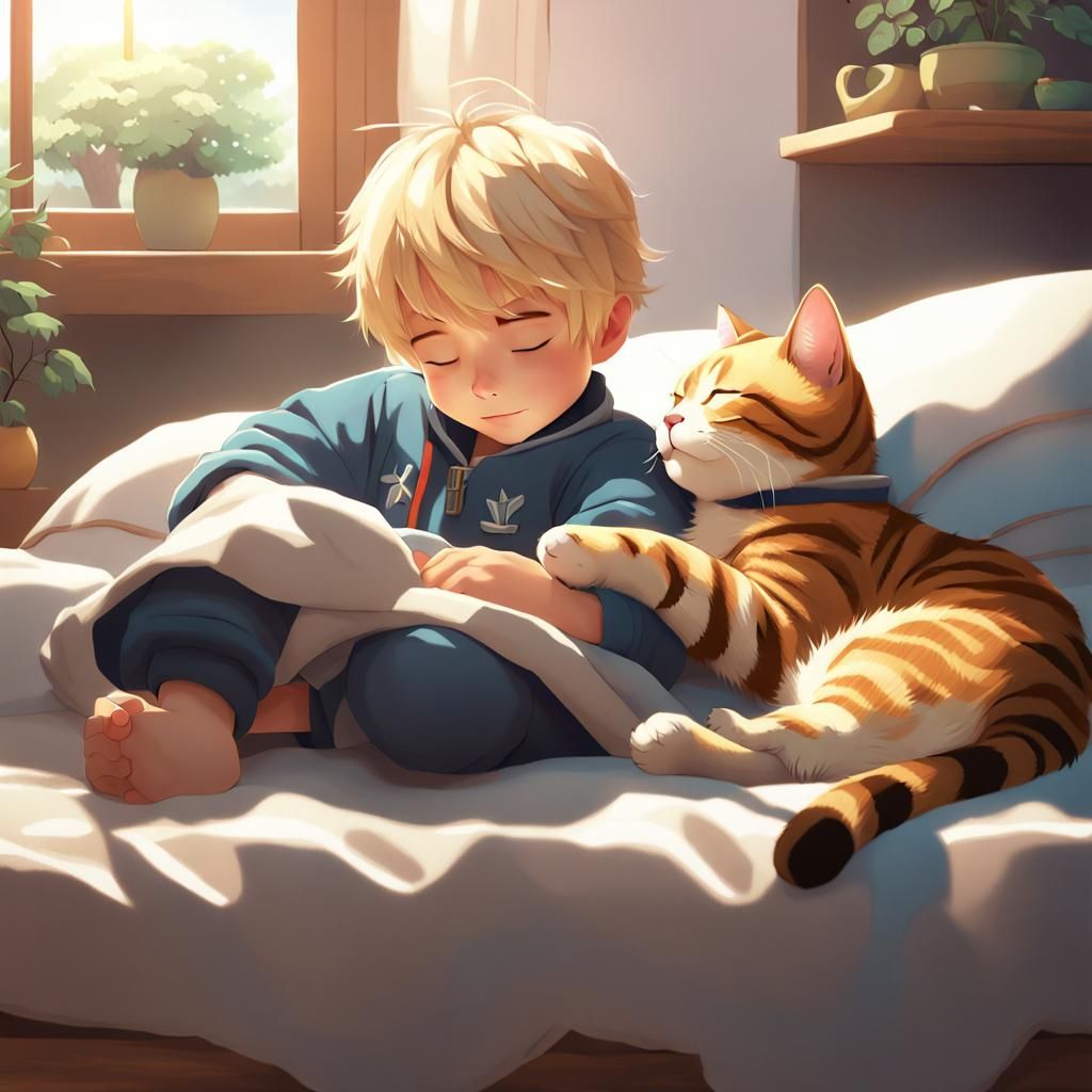 Toddler and Tabby Cat Napping: 3D Anime Art