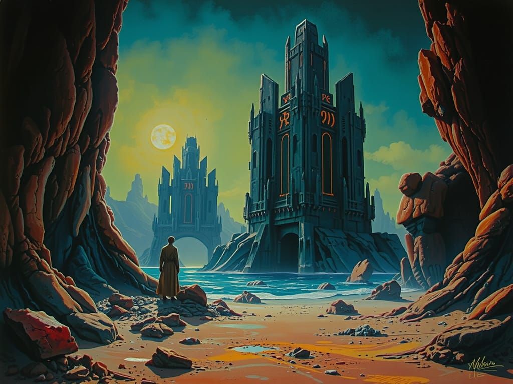 Desolate Planet with Monoliths in Gouache Style