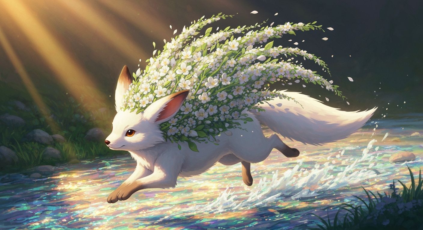 Floral Fox-Rabbit Leaping Across Iridescent Stream