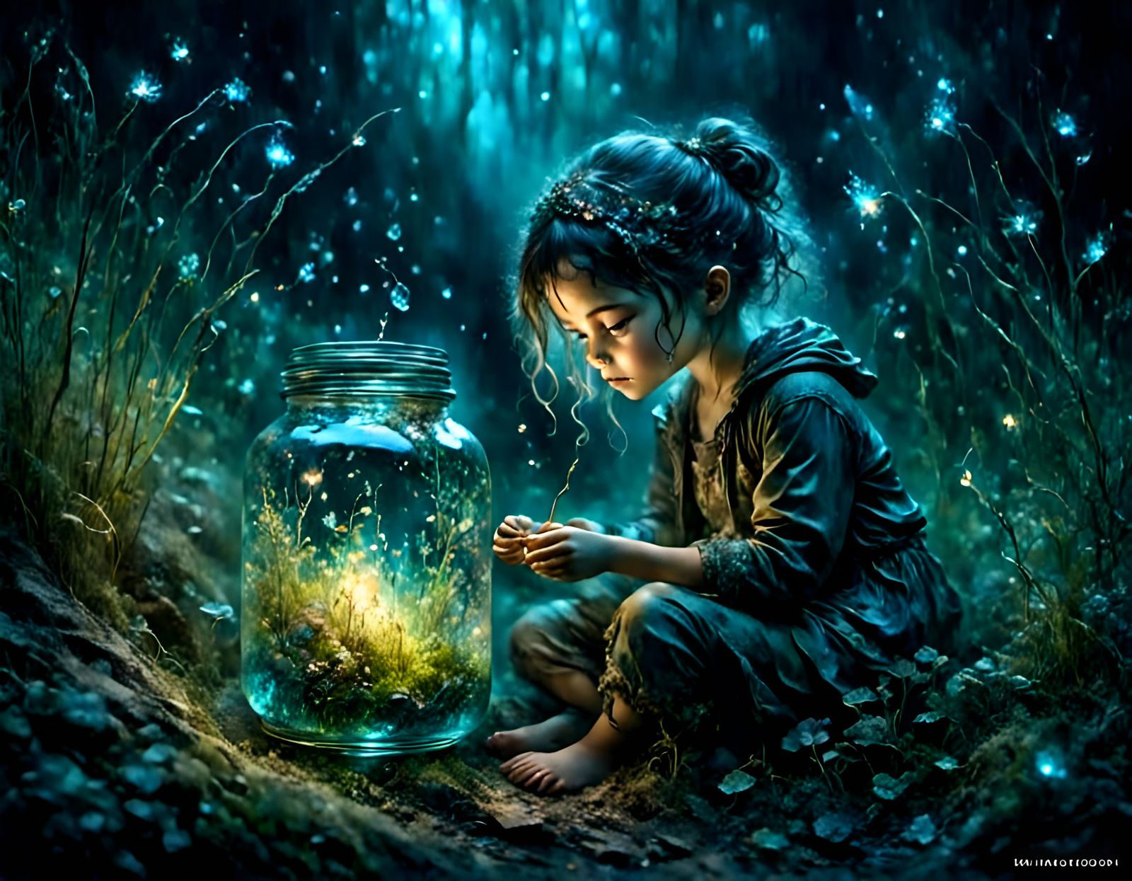 Girl with Fireflies in Magical Forest Ink Portrait