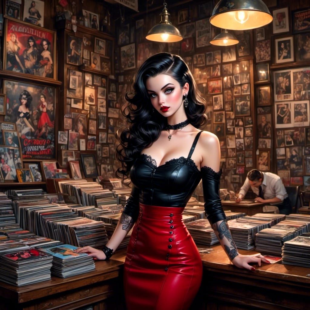 Woman in a Record Store, Pin-Up Style