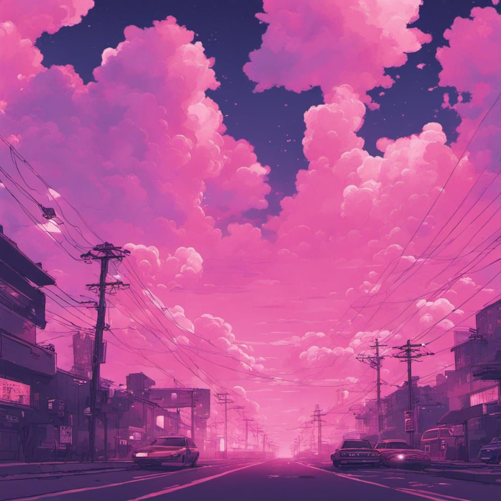Dreamy Vaporwave Cityscape with Pink and Purple Sky