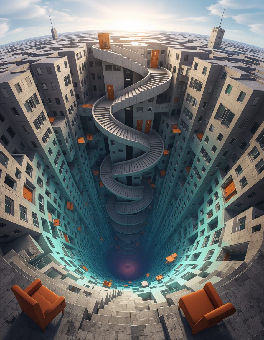 Surreal Vertical Cityscape Descending into Infinity