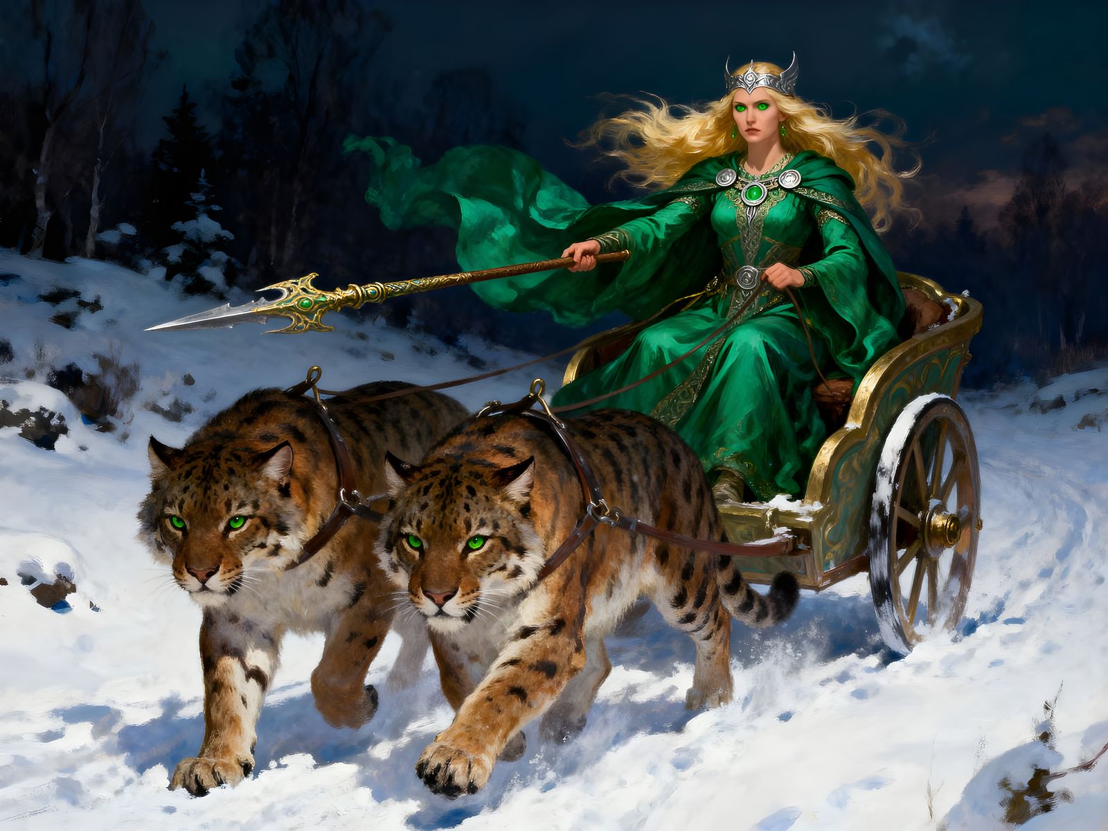 Norse Goddess Freyja Rides Chariot Pulled by Wildcats