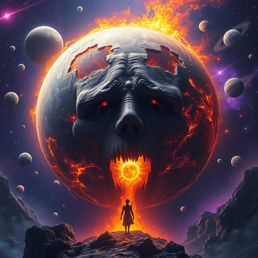 Burning Planet Face in Agony with Shocked Planets