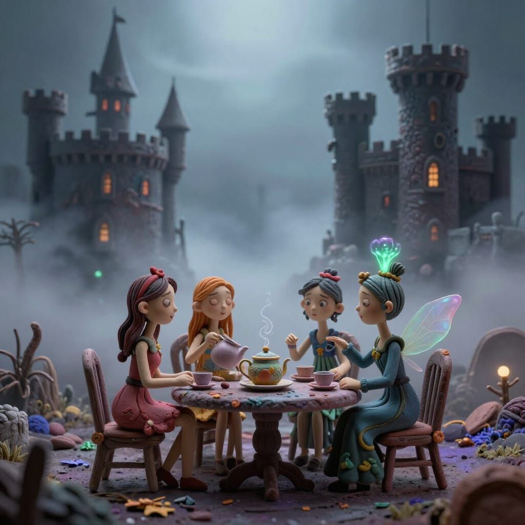 Claymation Horror Landscape with Fairies and Castles