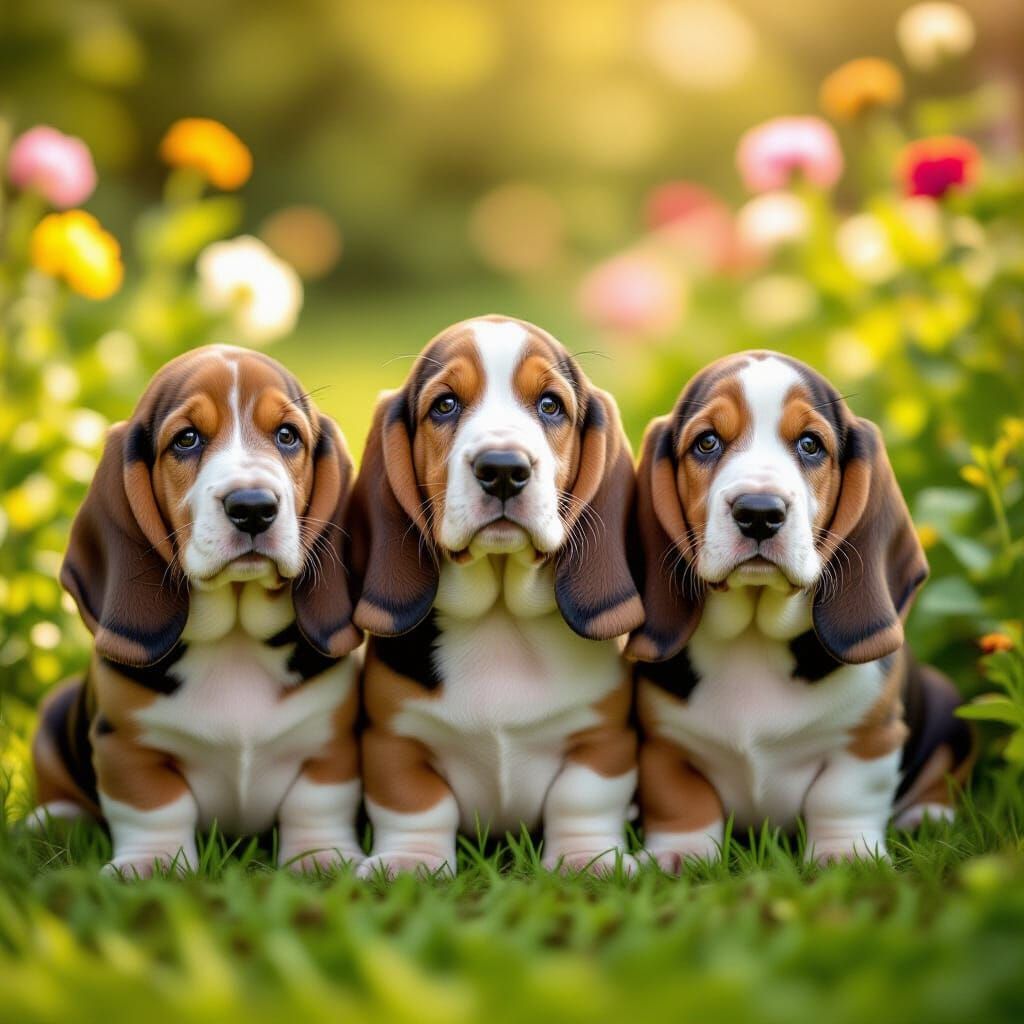 Adorable Basset Hounds in a Playful Garden