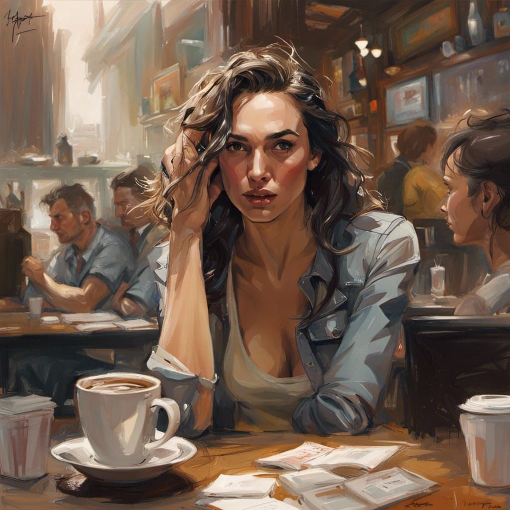 Gal Gadot in Coffee Shop, Photorealistic Art