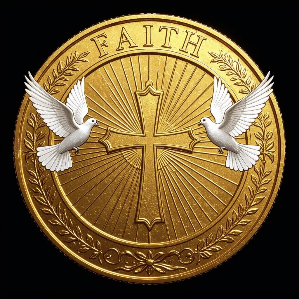 Ornate Gold Coin with Cross, Doves and Halo