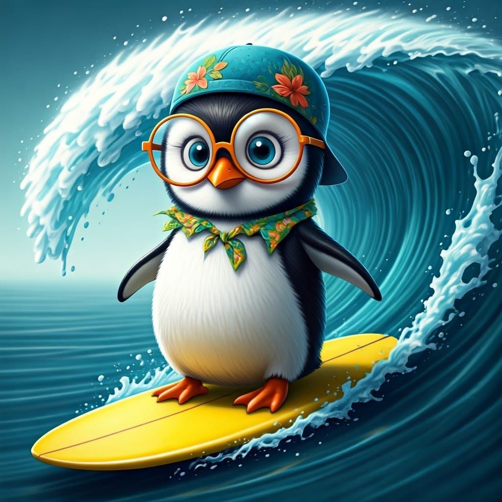 Charming Cartoon Penguin Surfs Yellow Wave in Airbrush Style