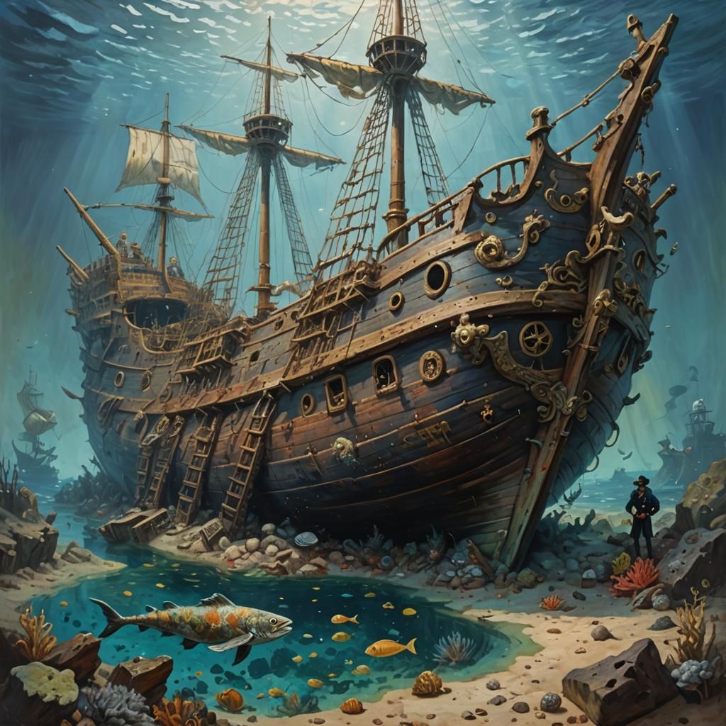 Sunken Pirate Ship with Mermaids: Oil Painting
