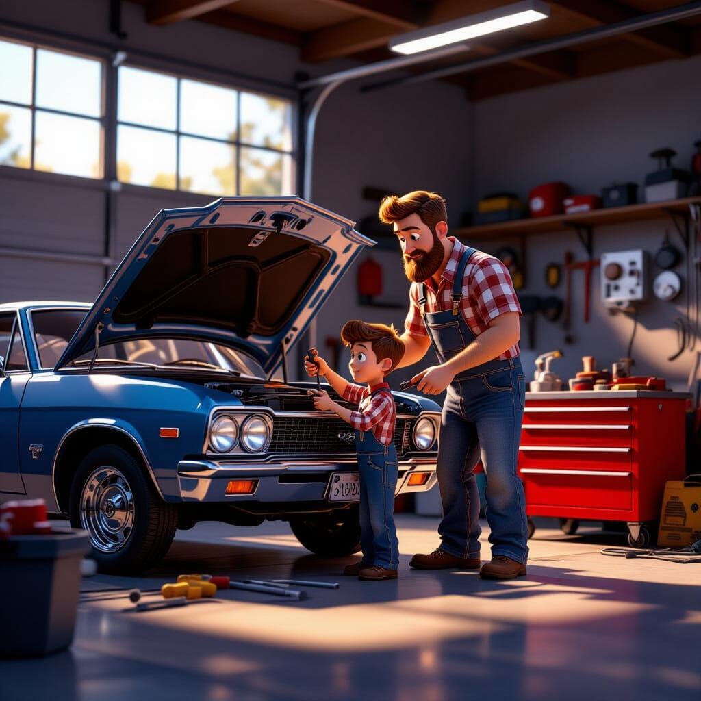 Father and Son Fixing Car: Pixar-Inspired 3D Art